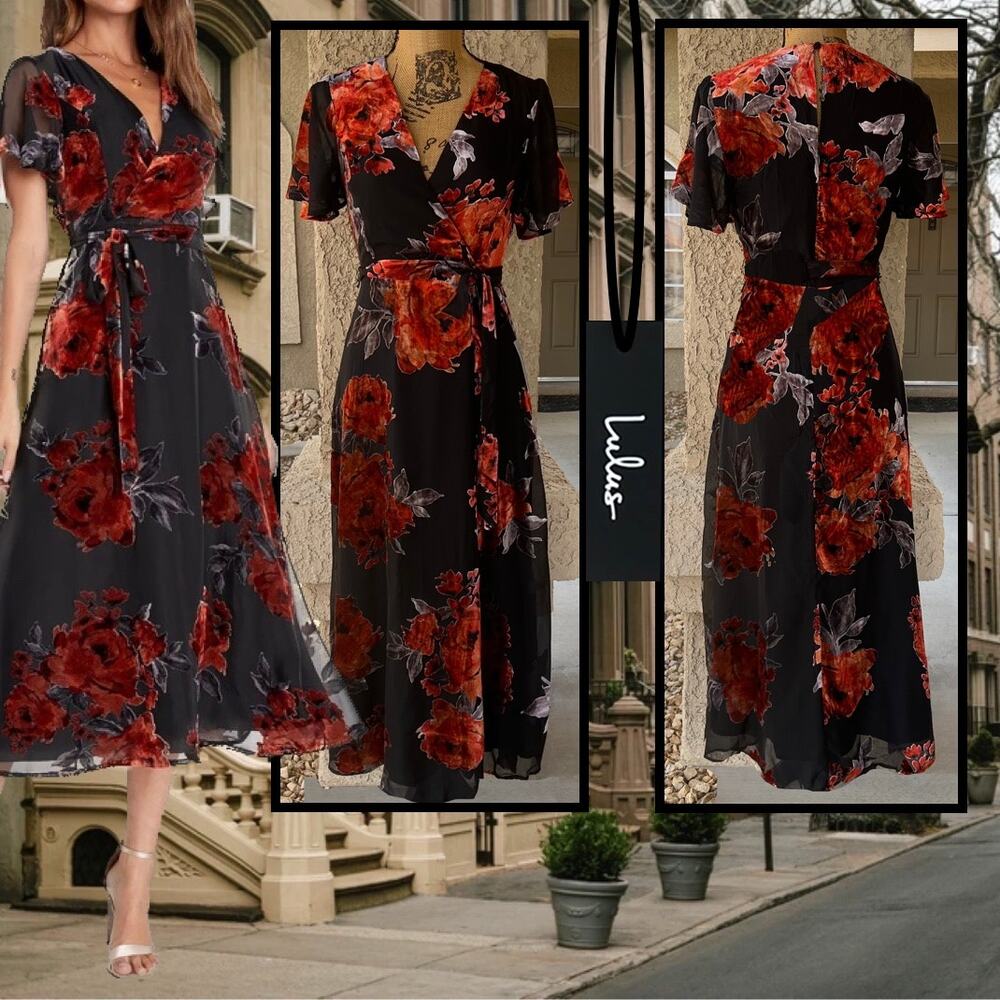 Lulus Black Floral Velvet Tie-Front Sweetest Impression Midi Dress Size S NEW